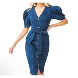 NEW- NWT Jealous Tomato Denim Puff Sleeve Button Dress Blue Medium